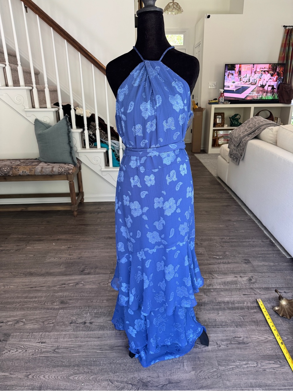 Ralph Lauren Blue Floral Halter Maxi Dress w Halter and Ruffle Hem